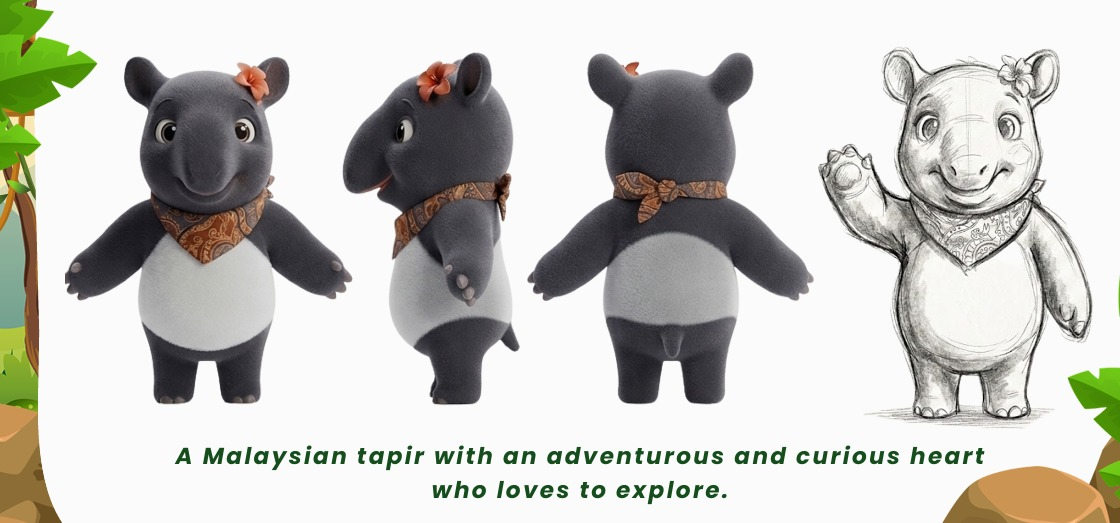 Character sheet for Tira, a 3D animated Malayan tapir wearing a rust-orange batik bandana and a flower, shown from front, side, and back views alongside a pencil concept sketch